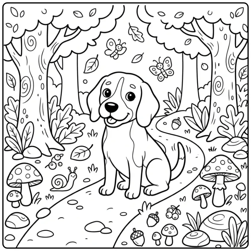 Cheerful Cute Dog in the Forest coloring page