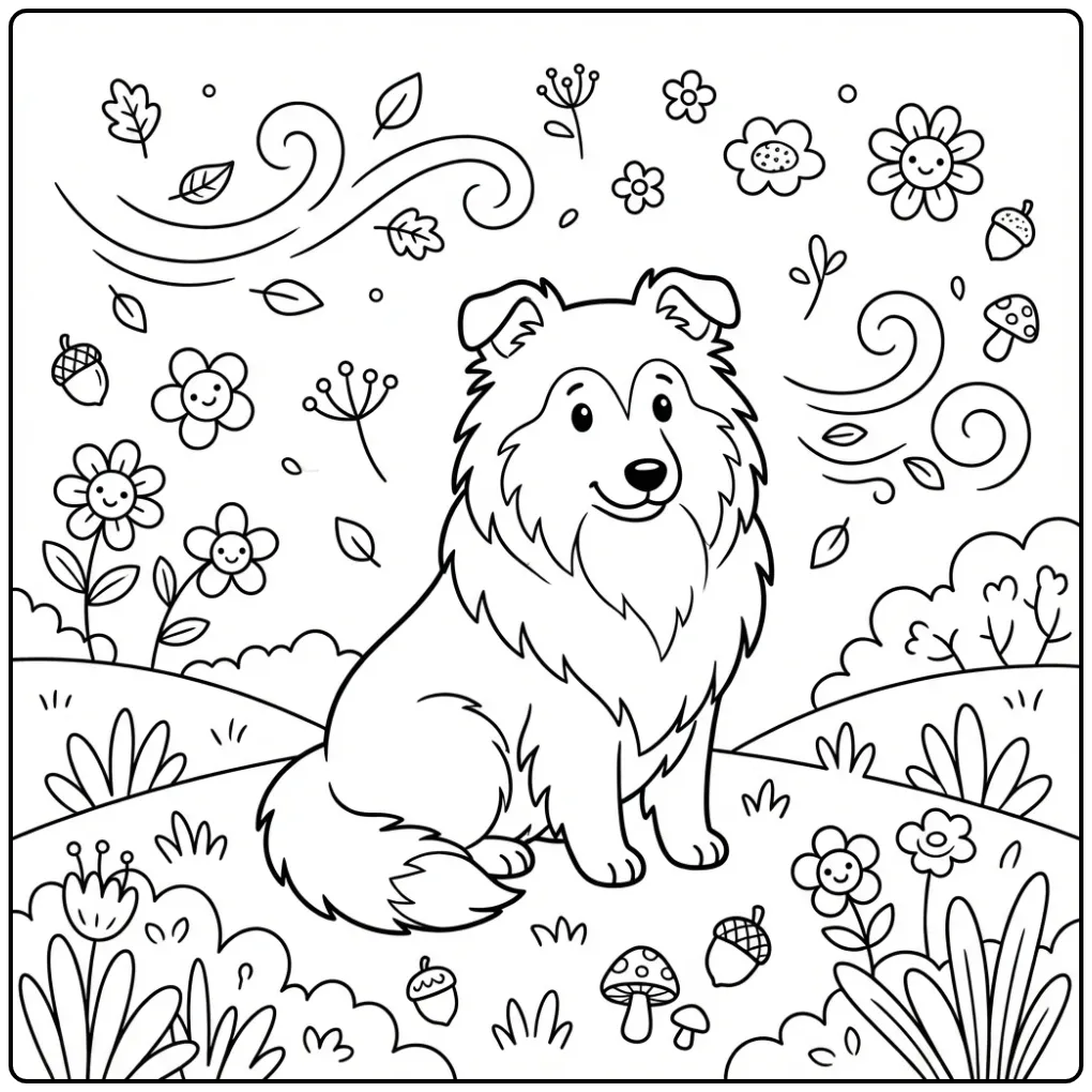 Cheerful Sheltie in a Meadow coloring page