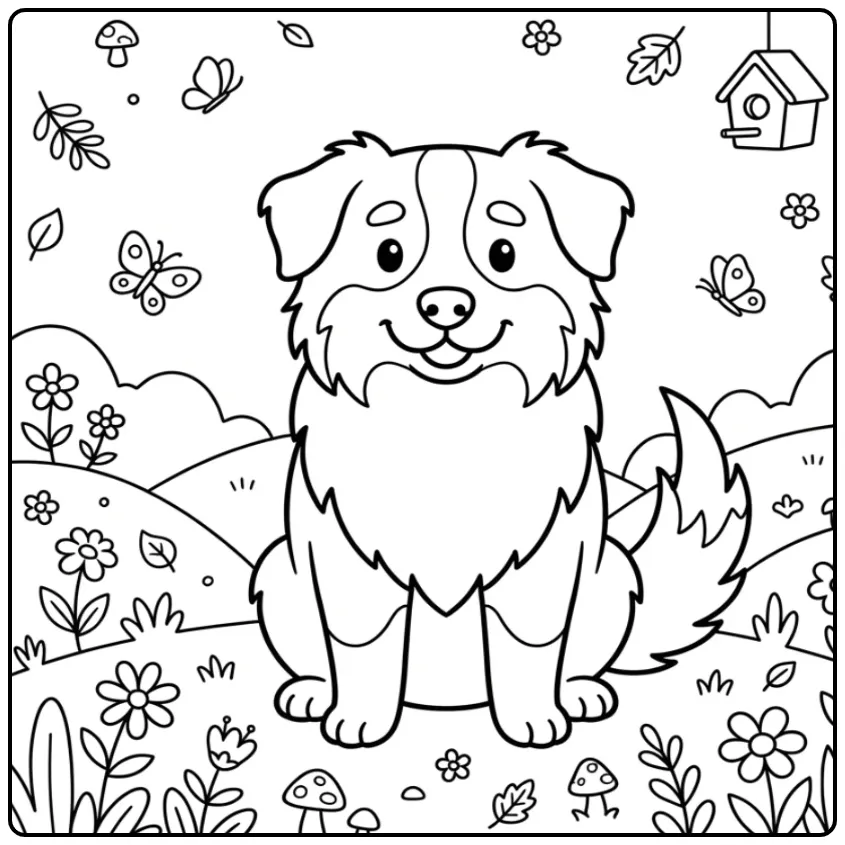 Cheerful Cute Dog Among Flowers and Butterflies coloring page
