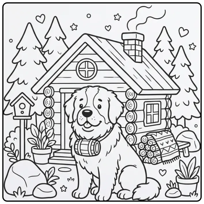 Cheerful Cute Dog by a Mountain Cabin coloring page