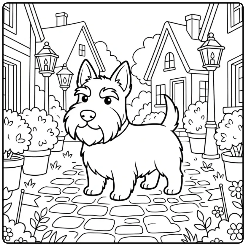 Scottish Terrier in a Village coloring page