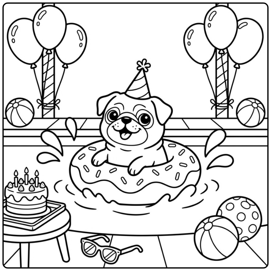 Pug Birthday Dog at a Pool Party coloring page