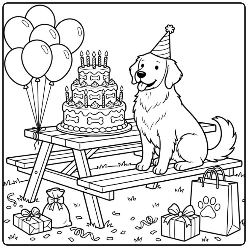 Golden Retriever Birthday Dog with Cake and Balloons coloring page