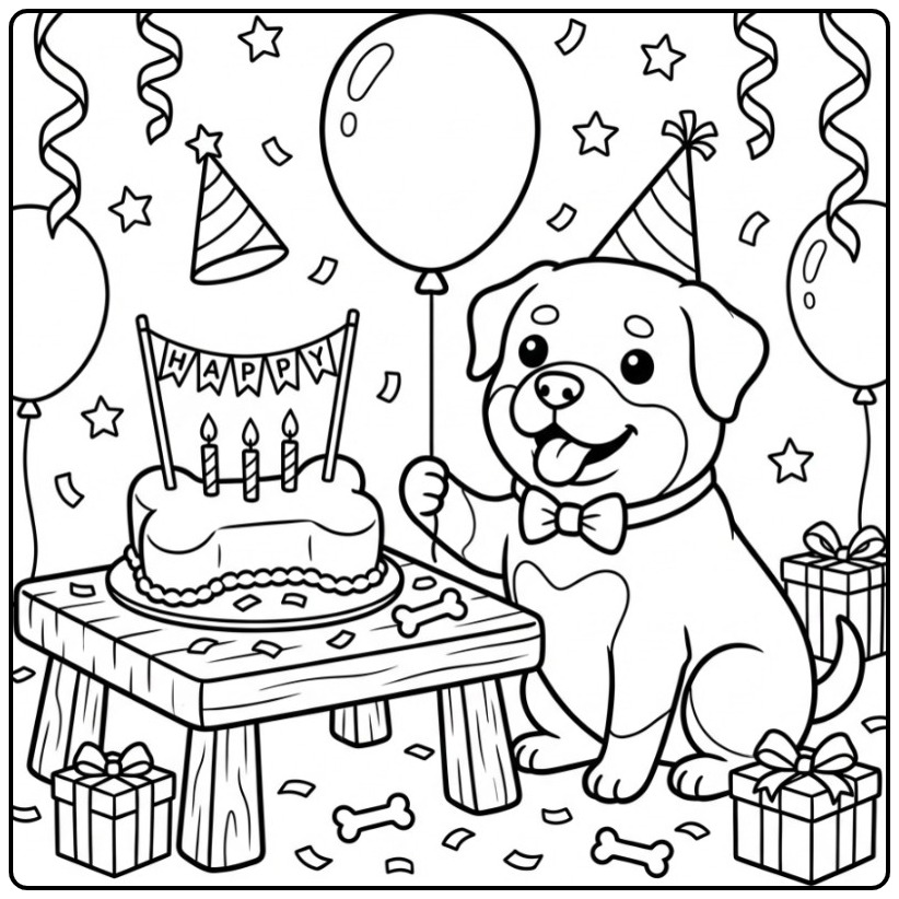 Rottweiler Birthday Dog with Cake and Presents coloring page