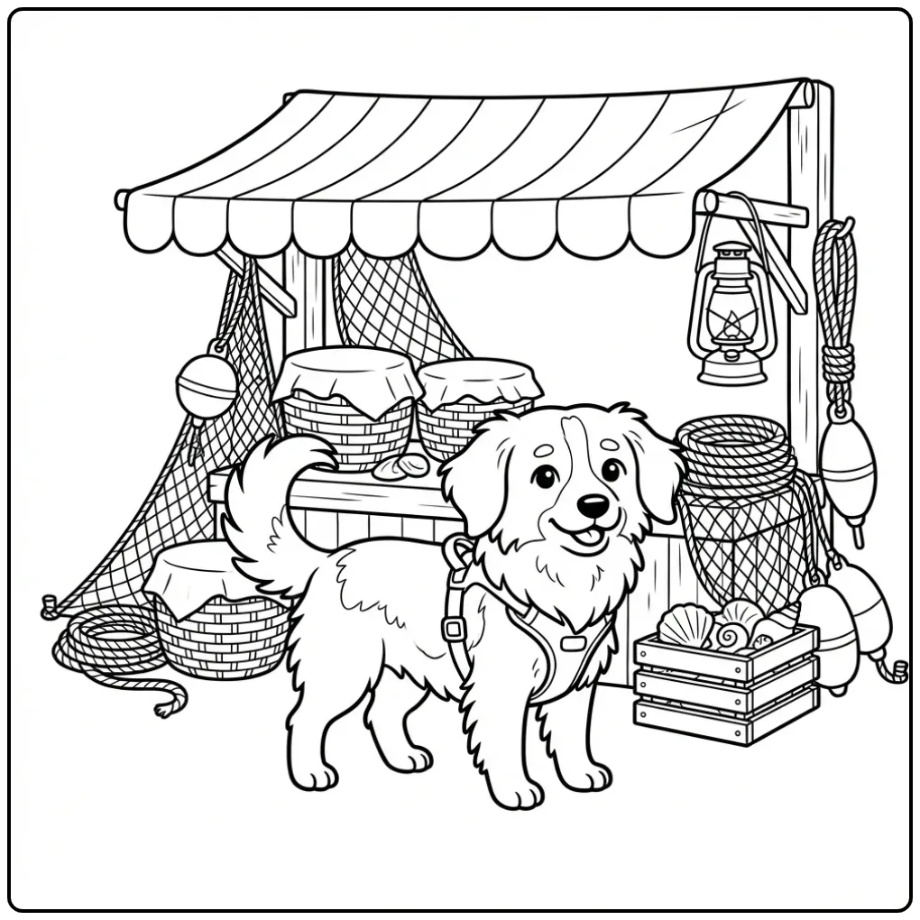 Kooikerhondje at a Coastal Fish Market coloring page