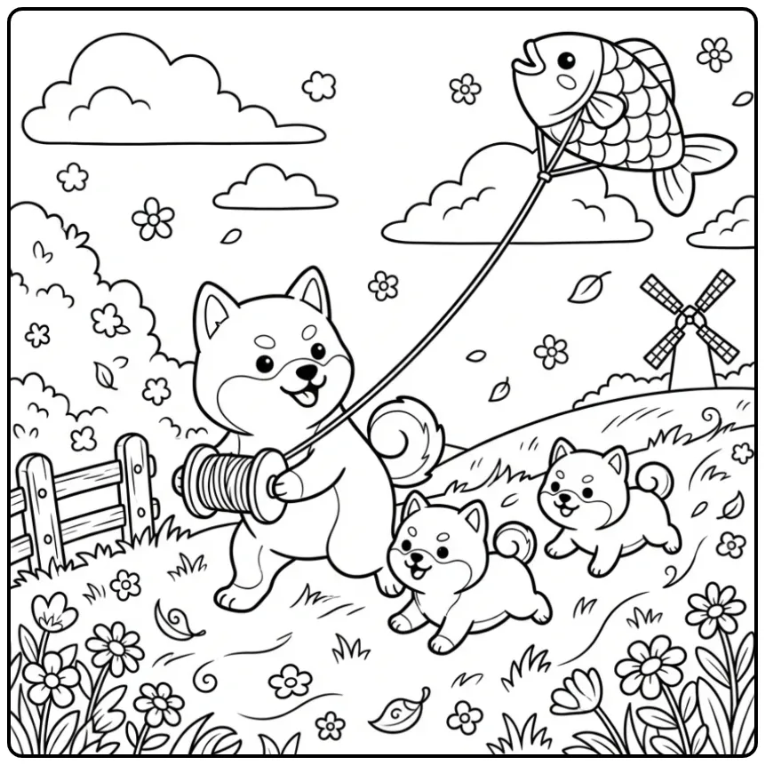 Shiba Inu and Puppies Flying a Kite coloring page