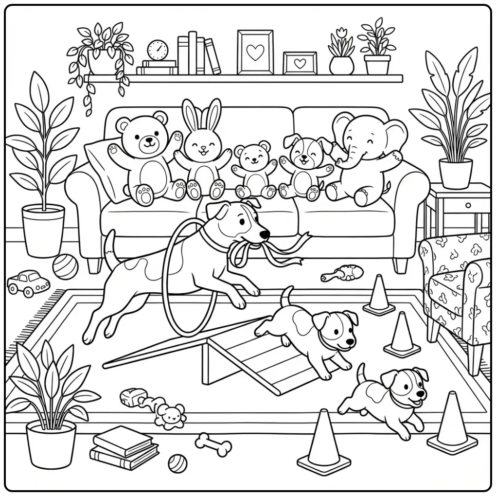 Jack Russell and Puppies on an Obstacle Course coloring page