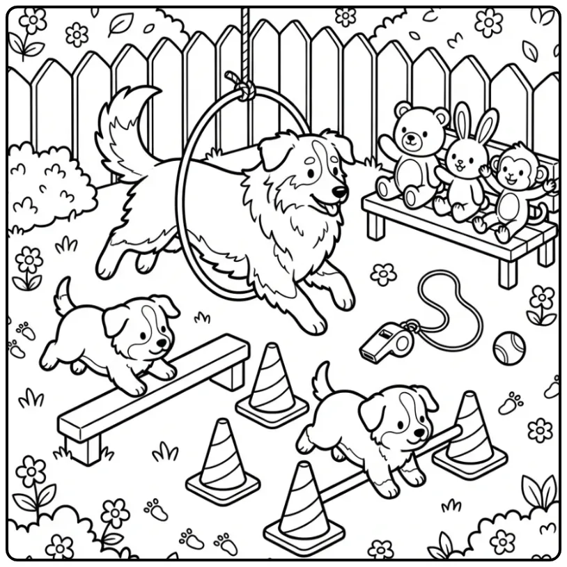 Shepherd Dog and Puppies on an Agility Course coloring page