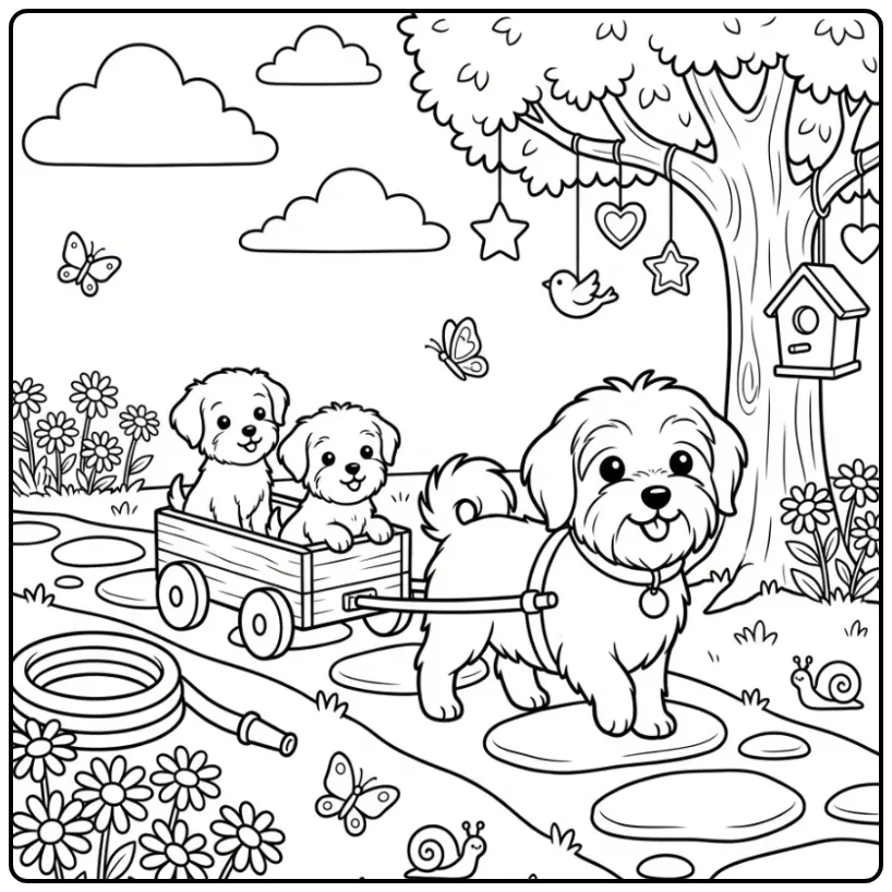 Maltese Dog Pulling Puppies in a Toy Wagon coloring page
