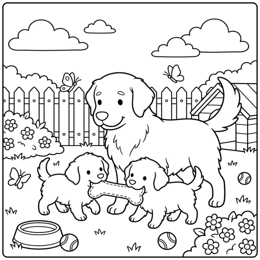Golden Retriever Teaching Puppies to Fetch coloring page