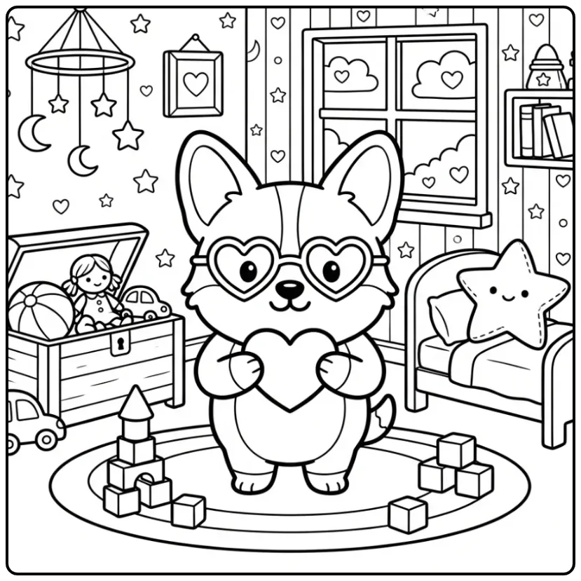 Cheerful Puppy with Heart in the Bedroom coloring page