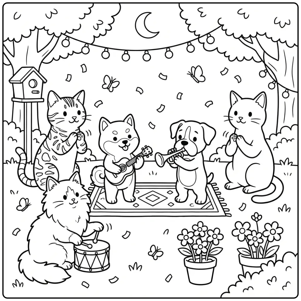 Puppies and Kittens Making Music in the Garden coloring page