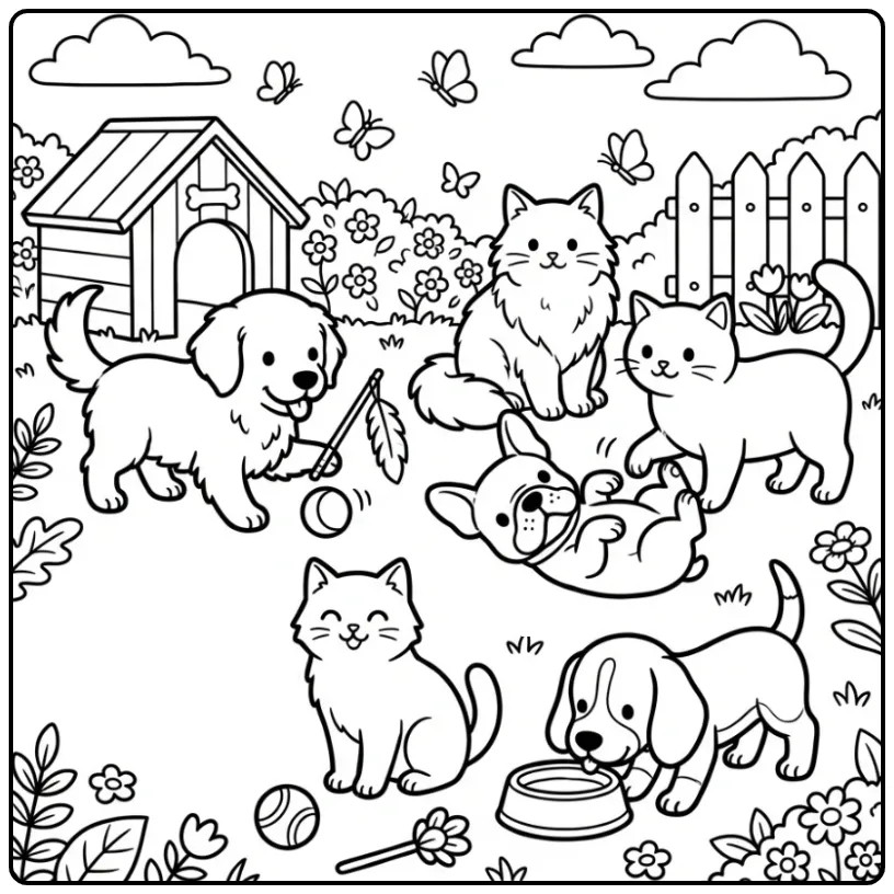 Puppies and Kittens Playing in the Backyard coloring page