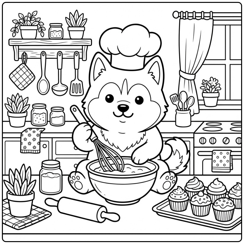 Husky Baker with Cupcakes in the Kitchen coloring page