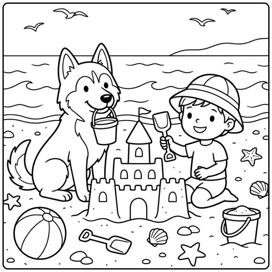 Husky Building a Sandcastle at the Beach coloring page