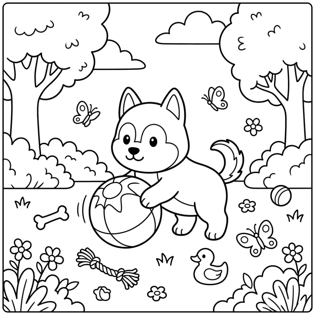 Husky Puppy Playing with a Ball in the Park coloring page