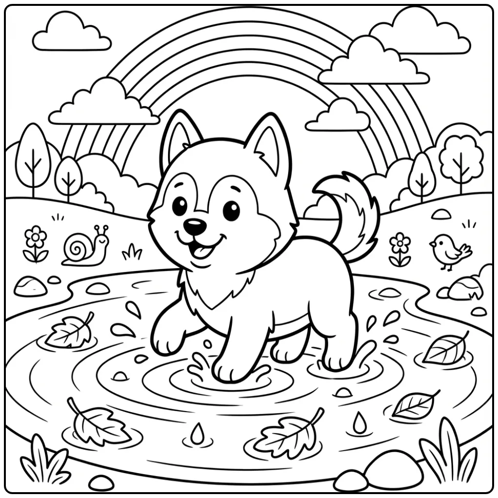 Husky Puppy Jumping in a Rain Puddle coloring page
