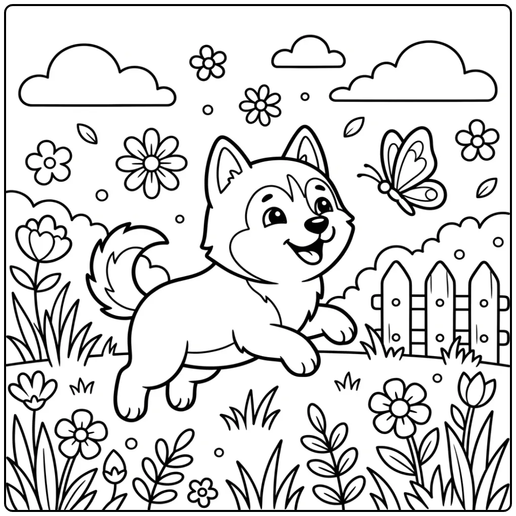 Husky Puppy Playing with a Butterfly coloring page