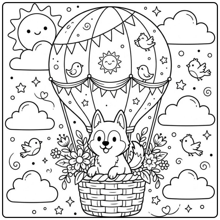 Husky Flying in a Hot Air Balloon coloring page