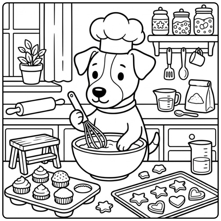 Jack Russell Baker with Cookies and Cupcakes coloring page