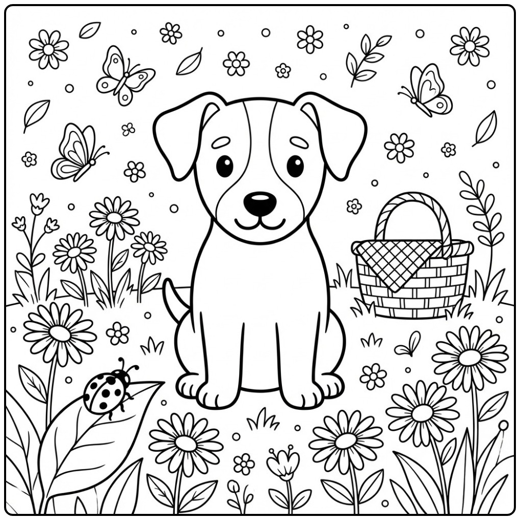 Jack Russell Picnic in a Flower Meadow coloring page