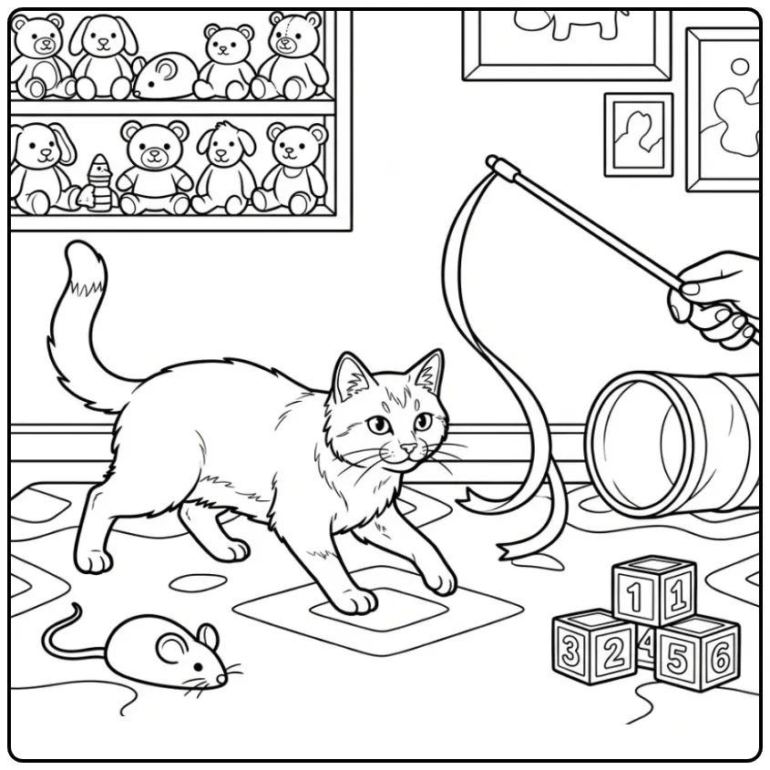 Cat coloring page chasing a ribbon