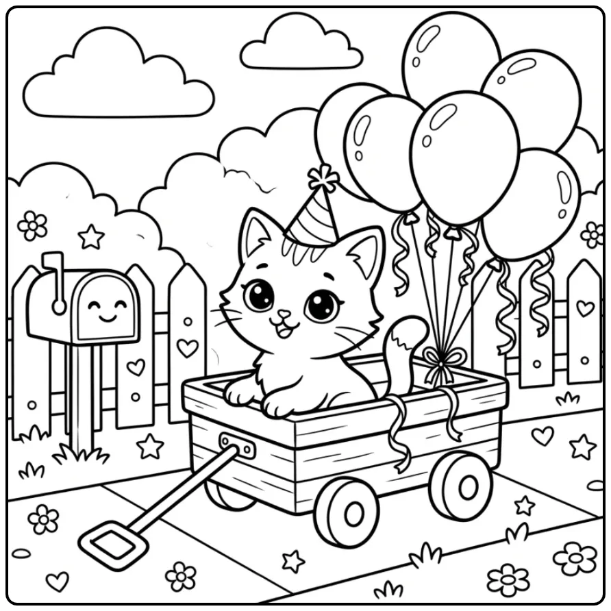 Easy Cat coloring page in a wagon with balloons