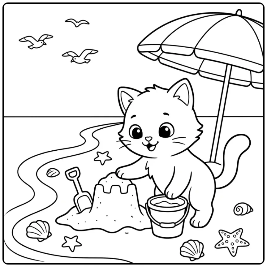 Easy Cat coloring page building a sandcastle