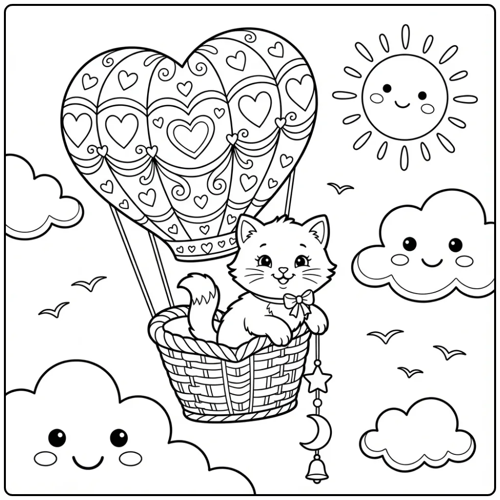Easy Cat coloring page in a heart balloon