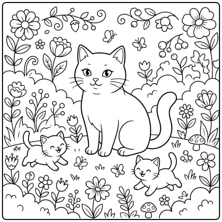 Cheerful Cat with Kittens Playing in Nature coloring page