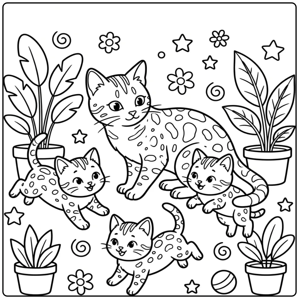 Cheerful Cat with Kittens in Serengeti Style coloring page