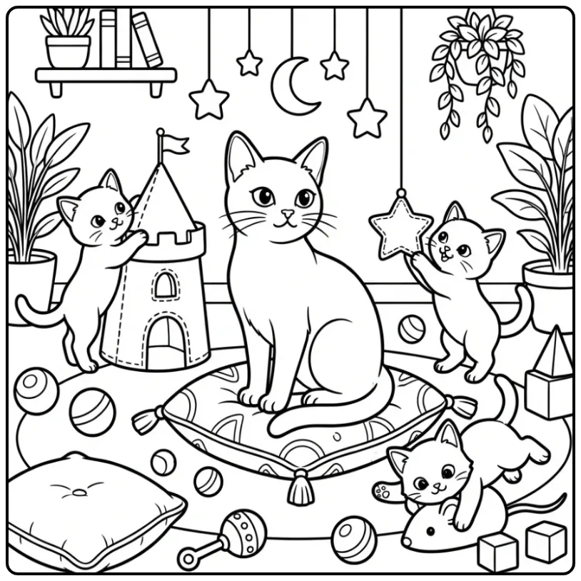 Cheerful Cat with Kittens in a Play Corner coloring page