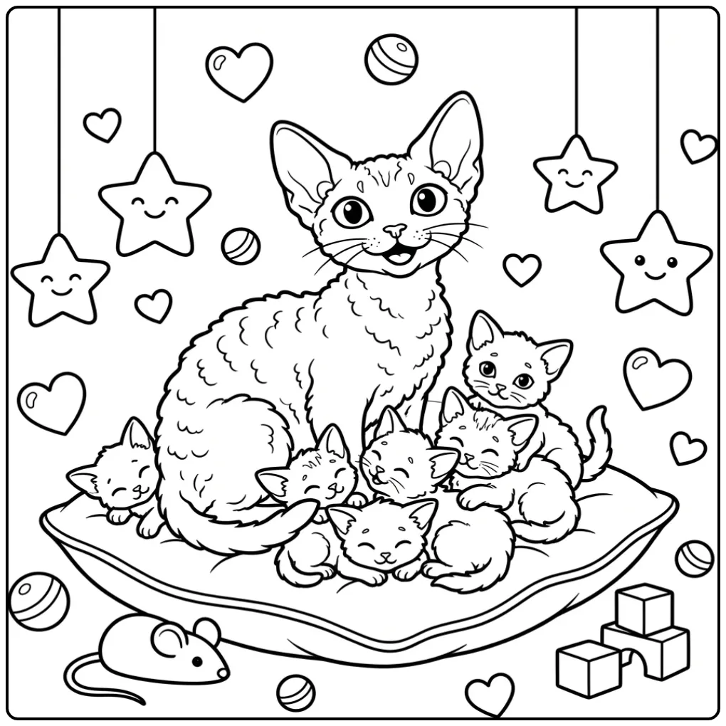 Cheerful Mother Cat with Kittens coloring page