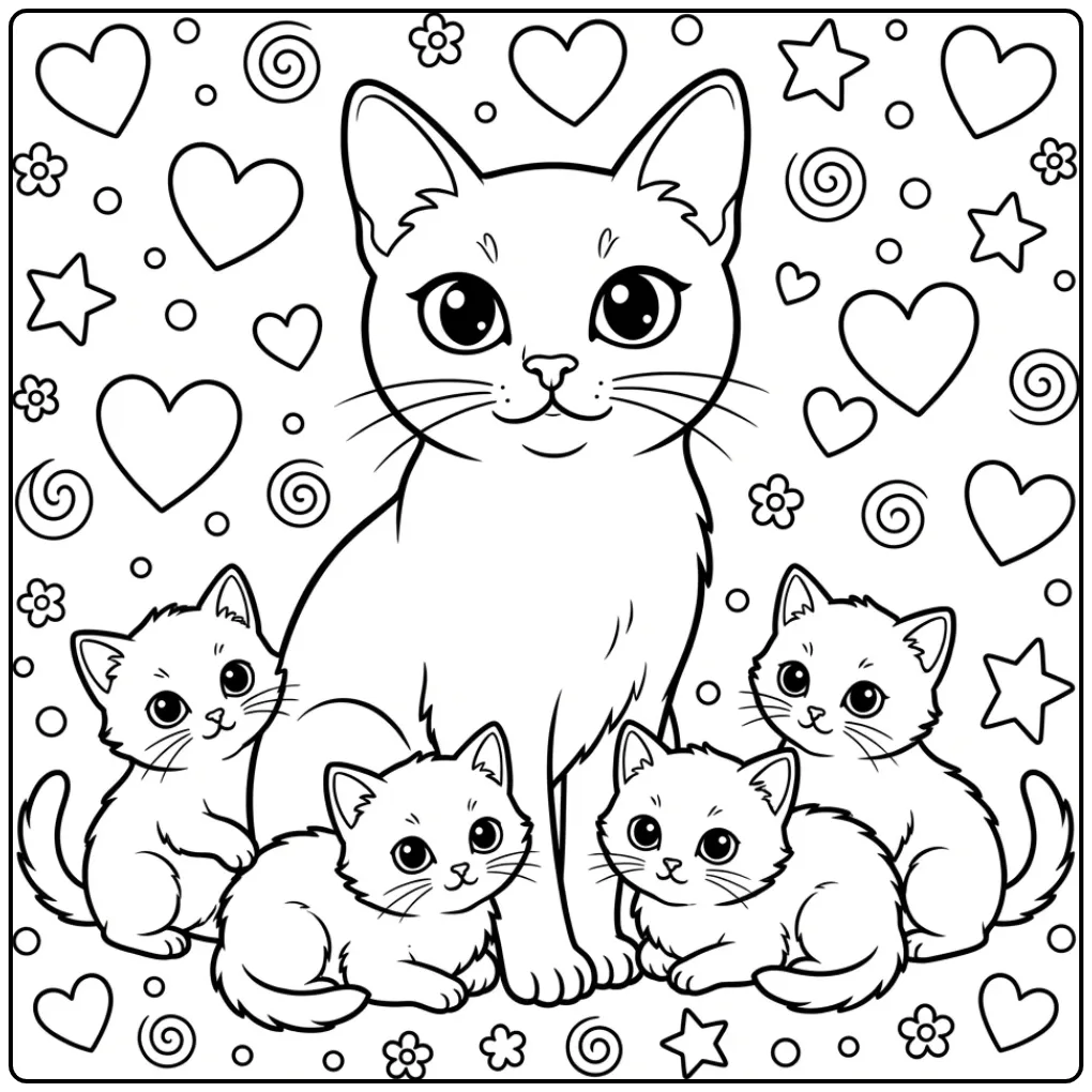 Cheerful Cat with Kittens coloring page