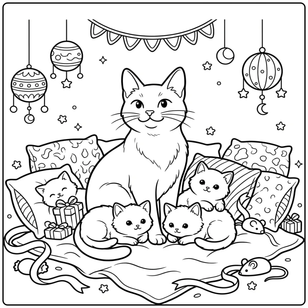 Cheerful Cat with Kittens Among Ribbons and Stars coloring page