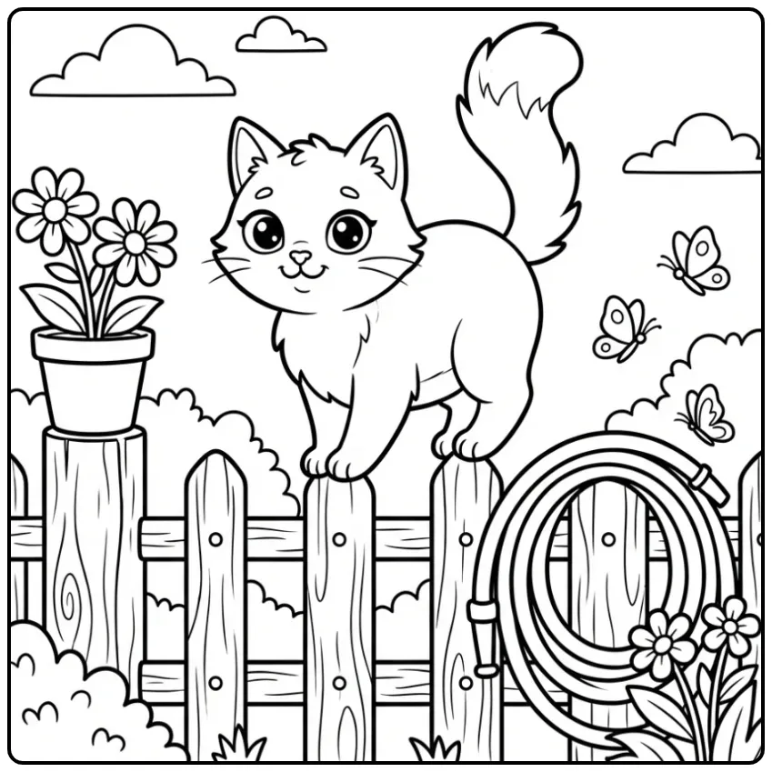 Cat coloring page balancing on a fence with butterflies