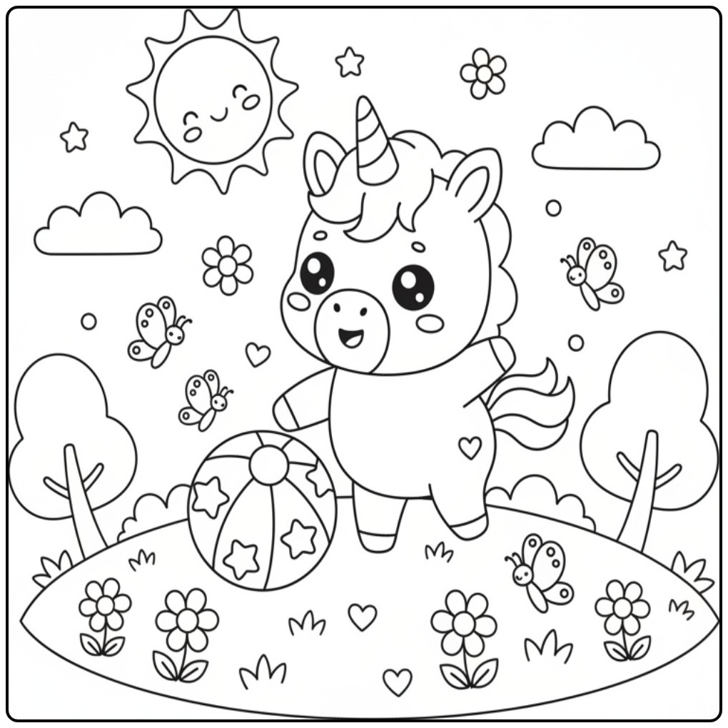Cheerful Kawaii Chibi Baby Unicorn in a Sunny Field coloring page