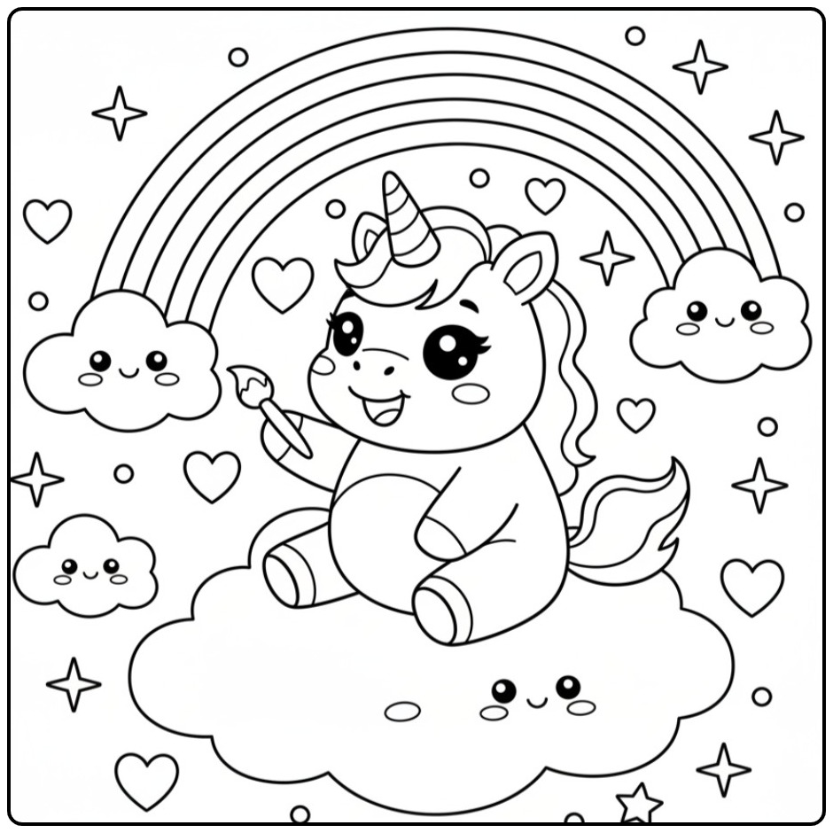 Cheerful Kawaii Chibi Rainbow Unicorn on a Cloud coloring page