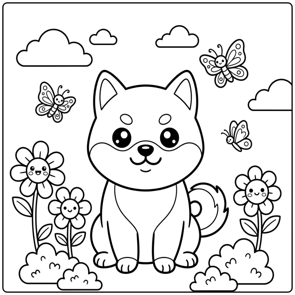 Cheerful Kawaii Dog with Flowers and Butterflies coloring page