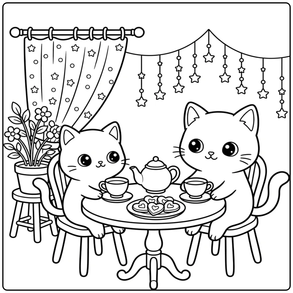 Kawaii Cat coloring page with tea and cookies