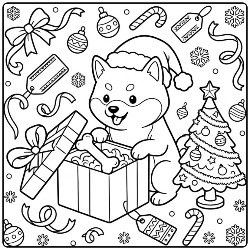 Shiba Inu Christmas Dog Opening a Gift coloring page