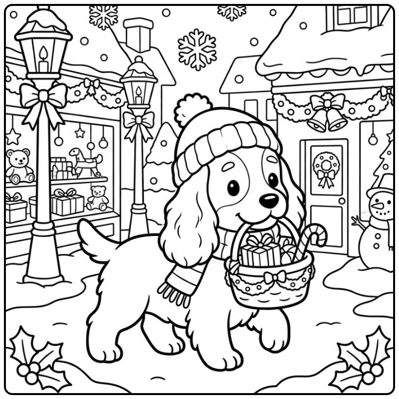 Cocker Spaniel Christmas Dog Carrying a Basket of Gifts coloring page