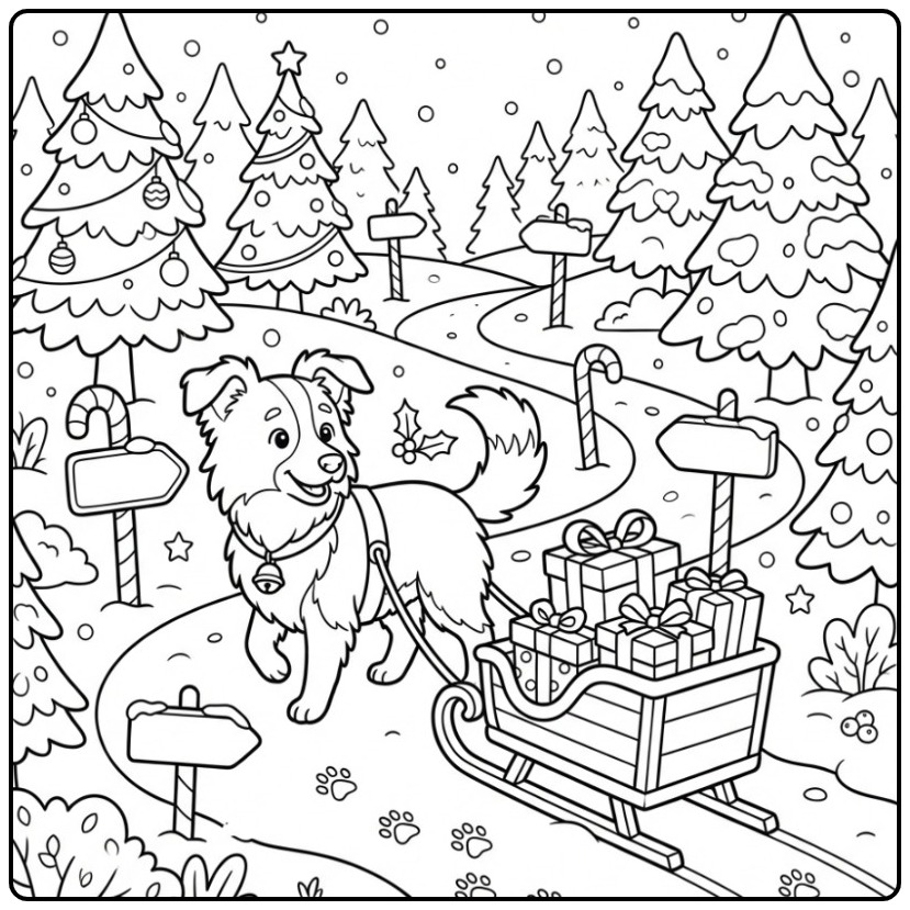 Border Collie Christmas Dog Pulling a Sled coloring page