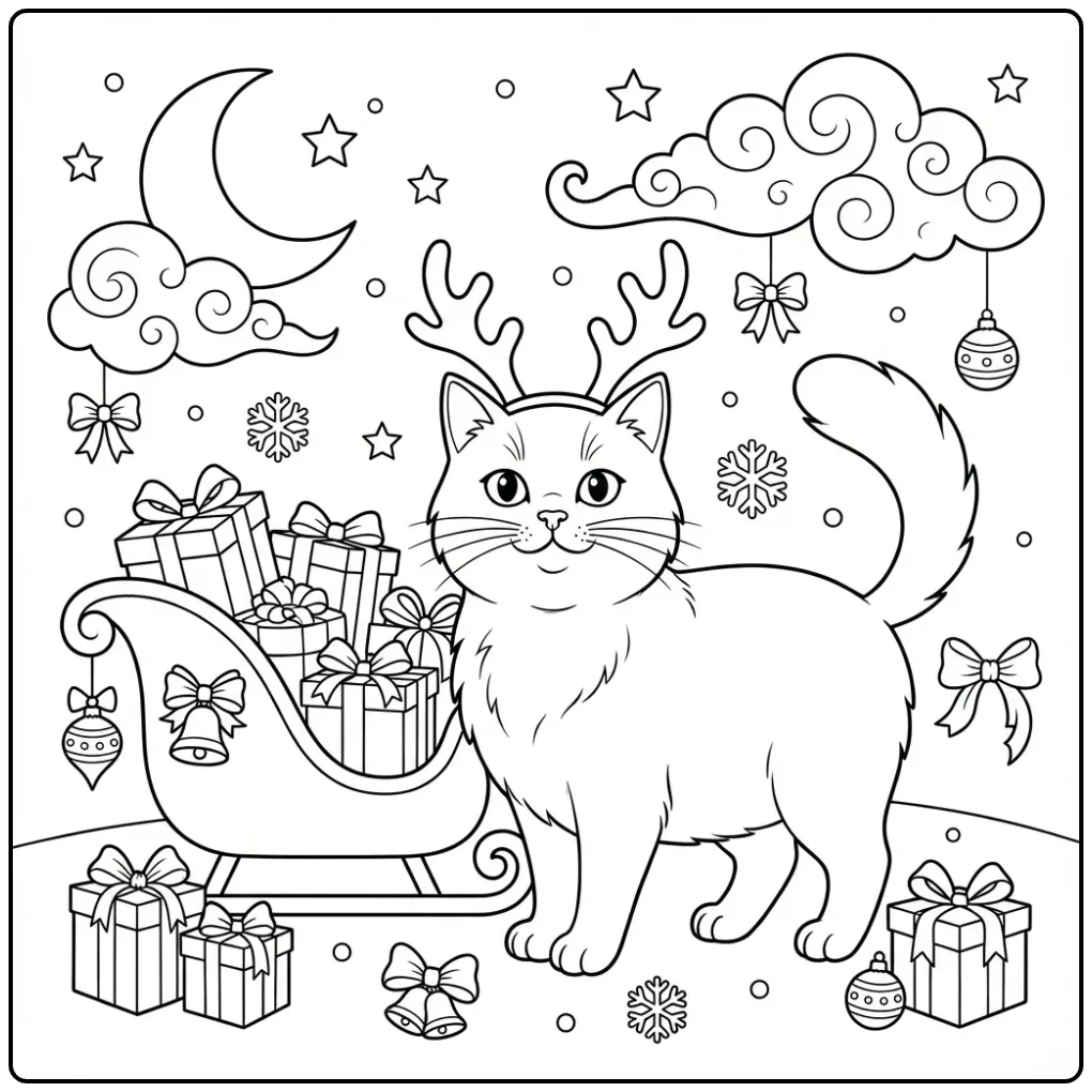 Christmas Cat coloring page with antlers by a sled