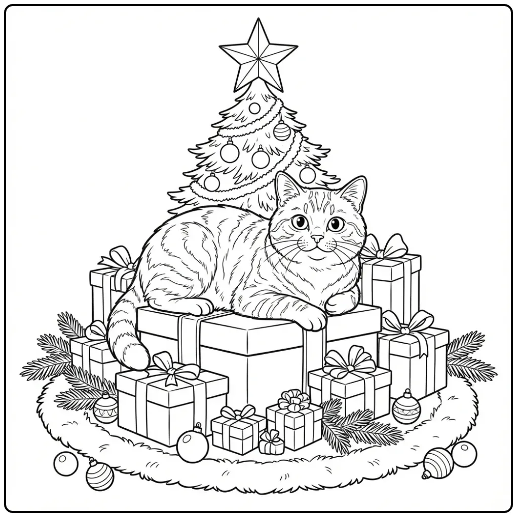 Christmas Cat coloring page sleeping on Christmas gifts