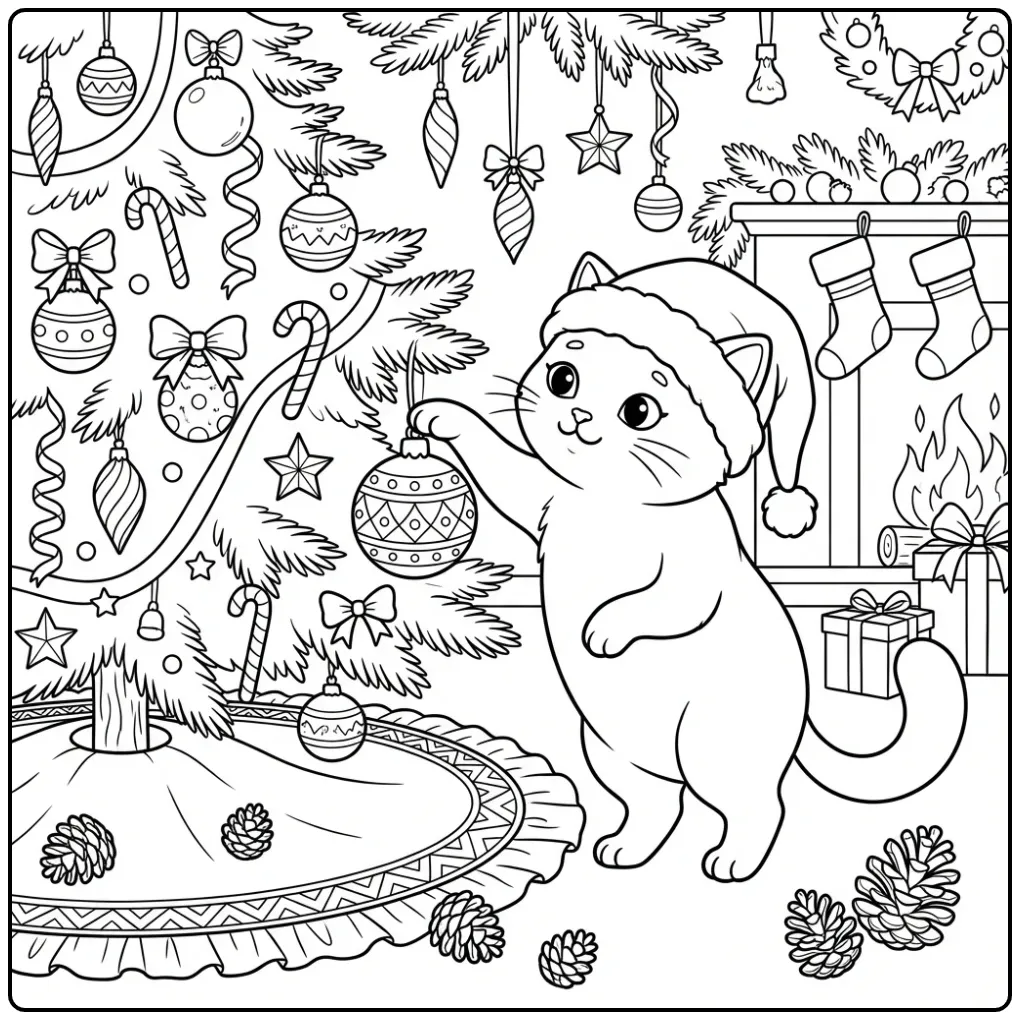 Christmas Cat coloring page with Santa hat by the tree