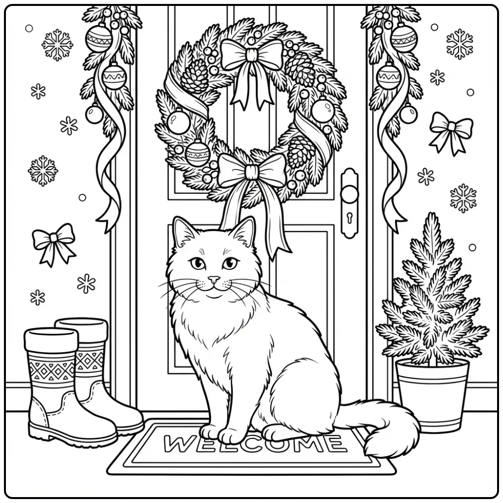 Christmas Cat coloring page by a decorated front door
