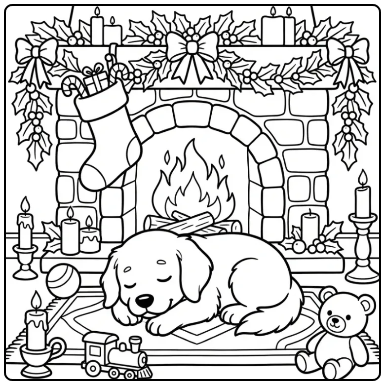 Cheerful Christmas Puppy by a Warm Fireplace coloring page