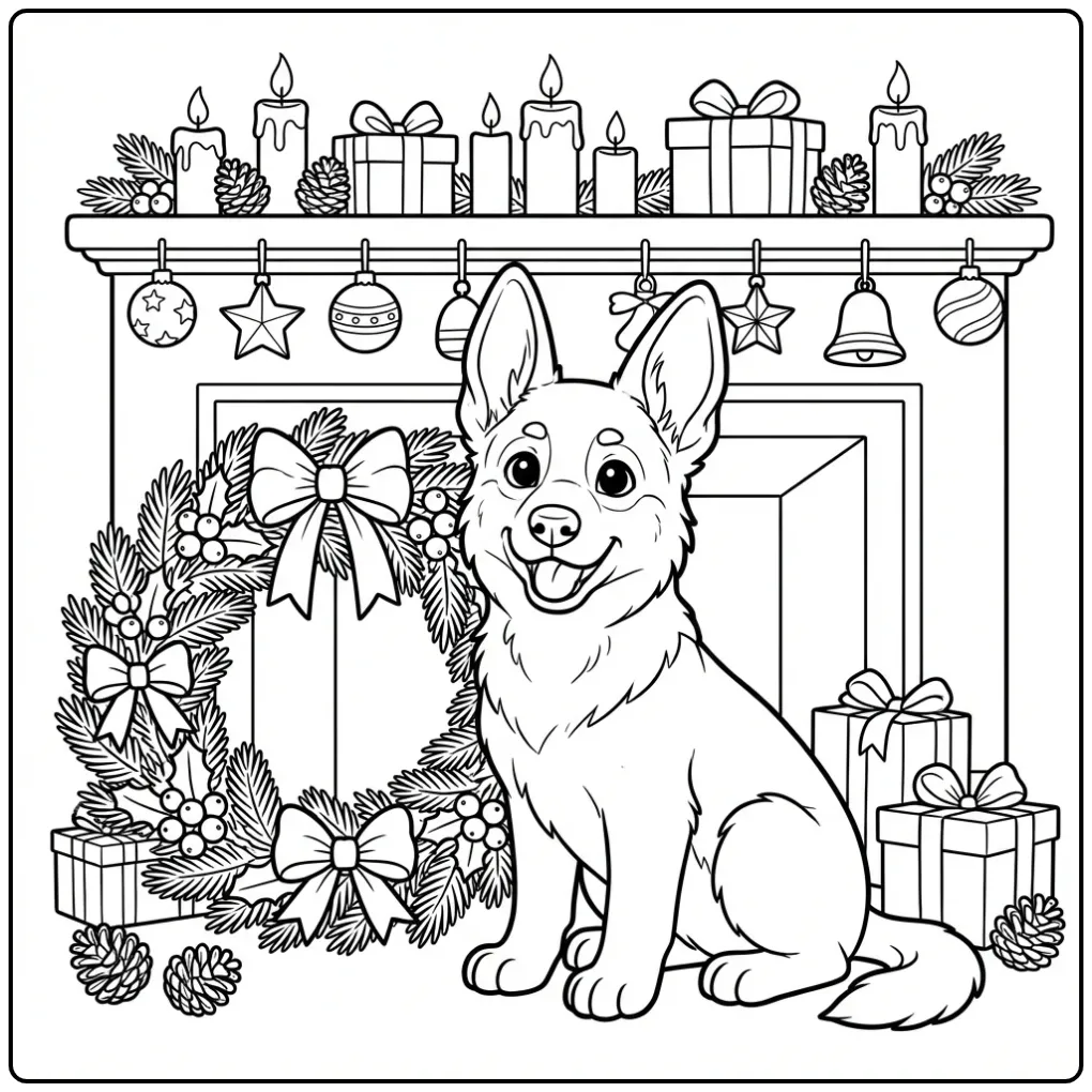 Cheerful German Shepherd Christmas Puppy with Candles coloring page