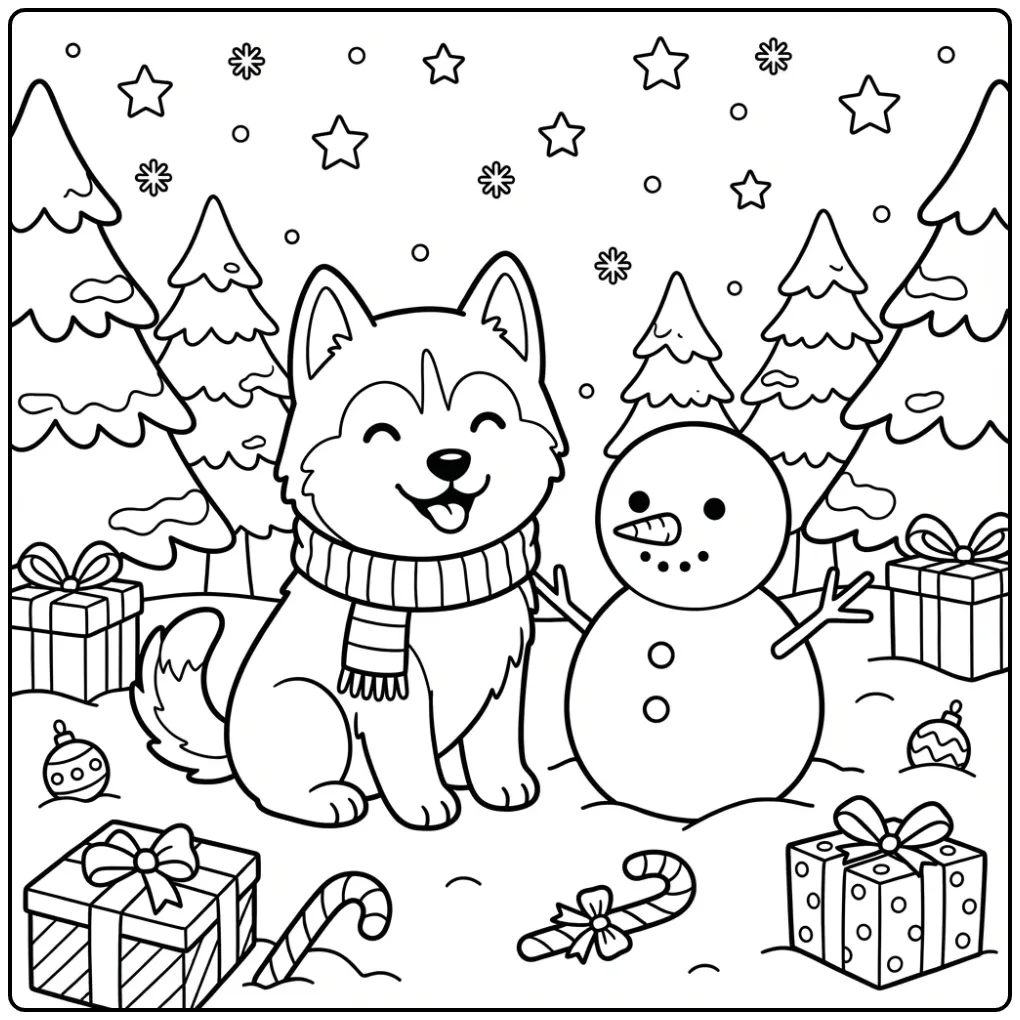 Cheerful Husky Christmas Puppy in a Winter Landscape coloring page